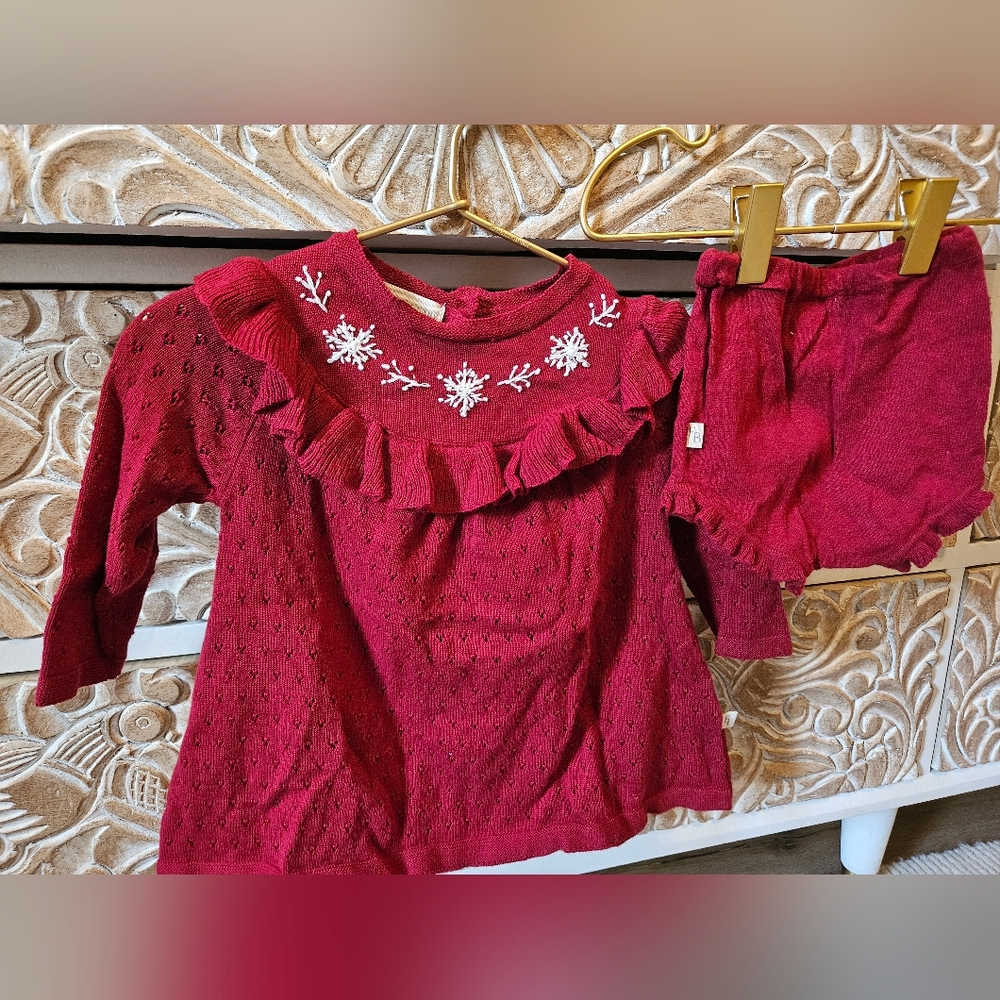 Elegant Baby Red, Festive Ruffled Baby Two Piece Set with Embroidery 6-9 Months